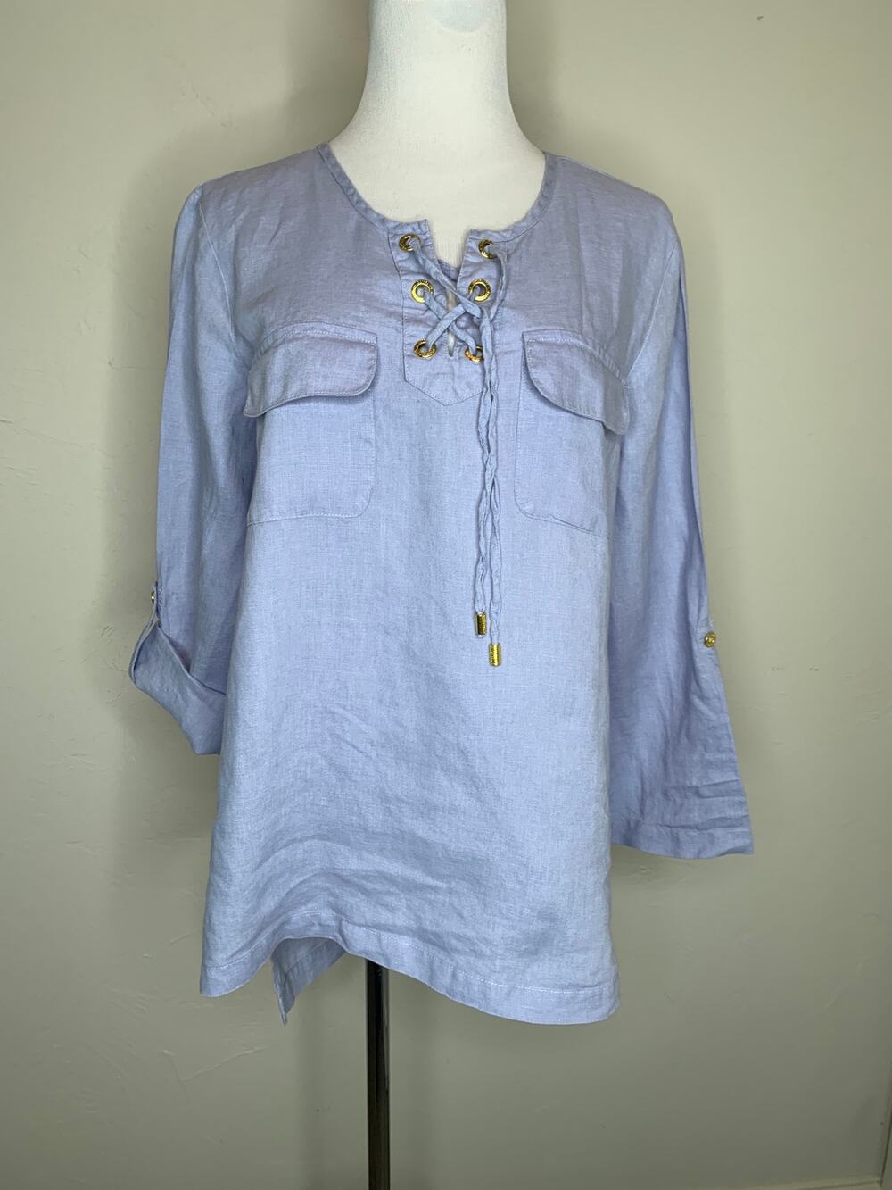 Ellen Tracy Pale Blue Linen Lace up Neck Tunic Top Sz Small